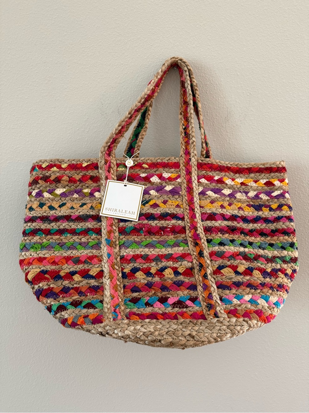 Shiraleah Colorful Striped Braided Jute Raffia Summer Vacation Tote NWT - Picture 2 of 7